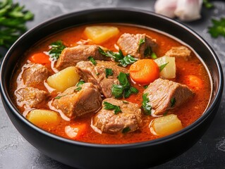 Iberian pork stew with tender meat, hearty vegetables, and a flavorful broth, traditional and comforting