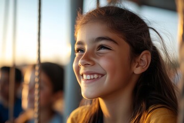 Obraz premium A cheerful young girl with long hair beams with a joyful smile under the sunlight, symbolizing youthful happiness and the beauty of carefree childhood.