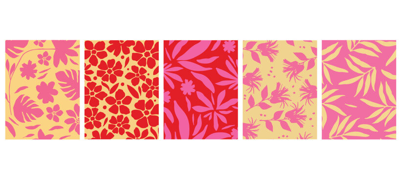 Seamless Vector Pattern of Vibrant Tropical Leaves and Flowers with Pink, Yellow, and Red Hibiscus