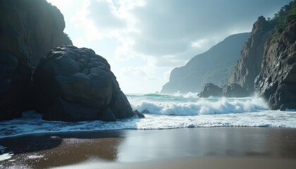 Dramatic waves crash on dark cliffs at secluded beach.