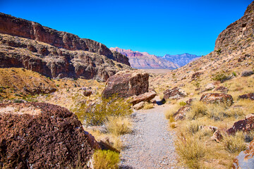 Fototapeta premium Desert Cliffs and Boulders Daylight Path Eye-Level View