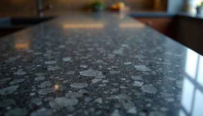 Close up of modern kitchen countertop with dark gray speckles