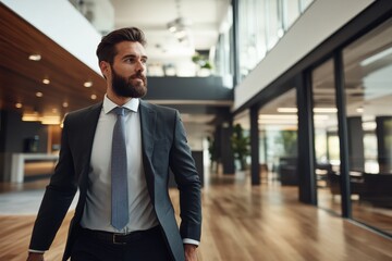 Fototapeta premium A businessman in a sharp suit walks with confidence through an office environment, embodying professionalism and ambition in a sleek modern setting.