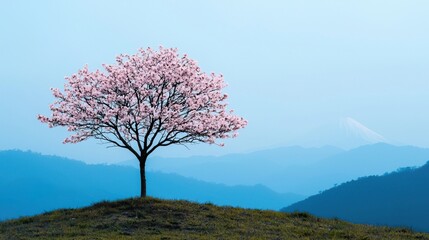 Cherry blossom spring renewal concept. Lone Cherry Tree in Full Bloom on Hilltop