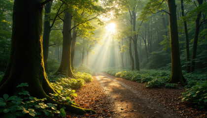 Obraz premium Sunbeams illuminate a path through a mystical forest creating a magical and serene atmosphere.
