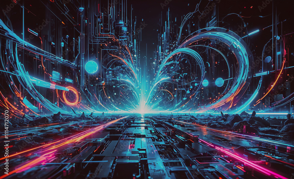Poster computer generated image of a city with a bright blue sky. the sky is filled with a variety of shape