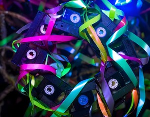 VHS Tapes and Ribbons Arrangement