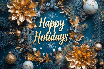 A clean holiday card design with the text "Happy Holidays" surrounded by a gold wreath.
