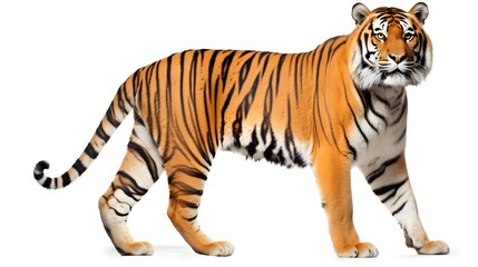 Obraz premium A graceful tiger with bright orange fur and dark stripes, standing gracefully on a pure white background.