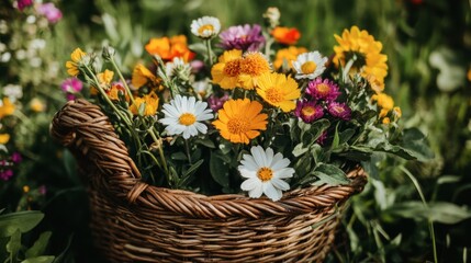 Colorful Flower Basket in Bright Garden Setting