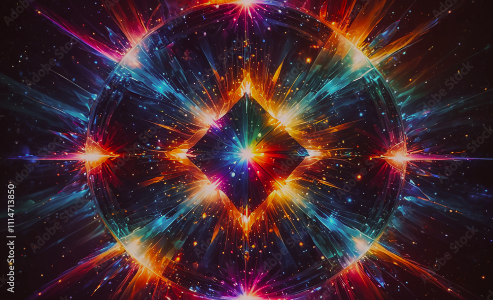 Poster colorful, multi-colored starburst with a diamond shape in the middle. the starburst is surrounded by