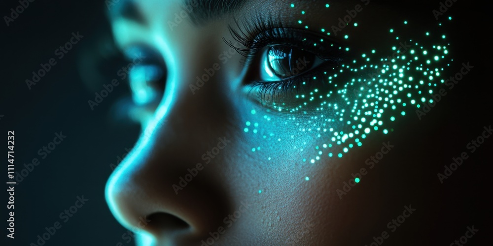 Aufkleber captivating close-up of a person with glowing patterns on the face in a dark artistic setting at nig