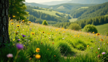 Obraz premium Vibrant yellow wildflowers bloom in a lush green meadow overlooking a picturesque hilly landscape.