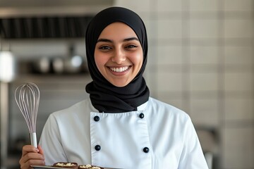 Smiling woman, chef's coat, black hijab, whisk, culinary arts. Food industry promotions, cooking blogs, culinary school websites, restaurant advertising, hospitality marketing