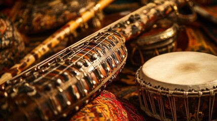 Close-up of ornate traditional musical instruments, including a long-necked lute and drums, resting on a patterned textile.