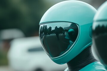 Fototapeta premium A sleek, futuristic helmet with a reflective visor showcases a modern design, capturing the essence of advanced technology in an outdoor setting.
