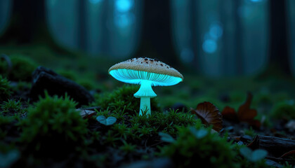 Glowing mushroom in a dark forest  bioluminescent magic  enchanting nature.