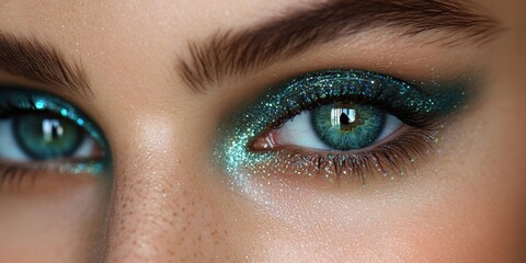 Obraz premium Mesmerizing close-up of captivating green eyes adorned with sparkling teal makeup enhancing natural beauty during a luminous day
