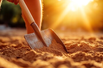 A shovel delves into sandy soil, illuminated by the golden sunlight of a setting sun, creating a vibrant and warm scene that evokes hard work and peace in nature.