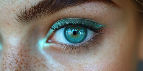 Captivating close-up of a sparkling eye with striking turquoise makeup and freckles, showcasing natural beauty and creativity
