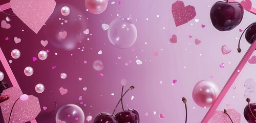 Gradient from pink to dark cherry, pearl cherry pearls, pink glitter, flying bubbles, a cherry geometric frame, and pink paper hearts
