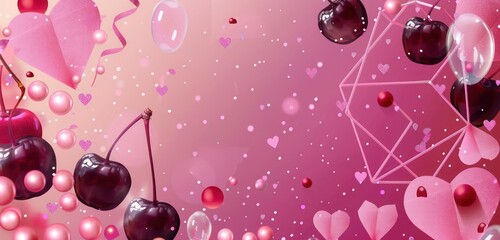 Gradient from pink to dark cherry, pearl cherry pearls, pink glitter, flying bubbles, a cherry geometric frame, and pink paper hearts