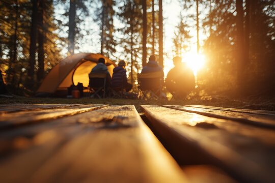 A group of friends sits around a warm campfire in a forest as the sun sets, sharing stories and creating memories, is a snapshot of camaraderie and adventure.