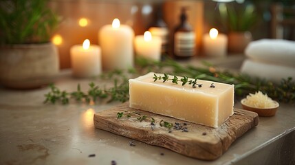 Set of rustic handmade soaps in rustic presentation.