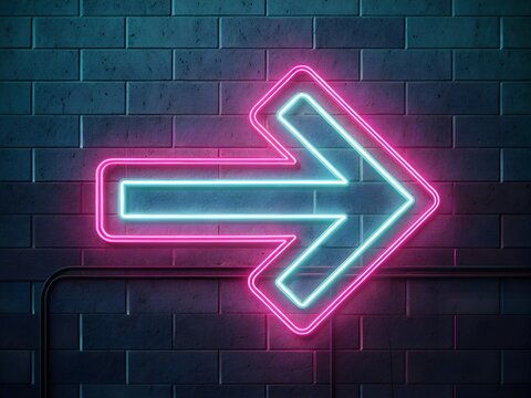 Blue and pink neon arrow pointing right on a brick wall is glowing
