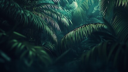 Obraz premium Lush Green Tropical Palm Fronds In Dark Forest