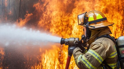 Professional Firefighter Extinguishing Large, High-Priority Part of the Forest Fire. Highly Skilled Hotshot Firemen Working on Challenging Remote Area with Flames Reaching the Treetops.