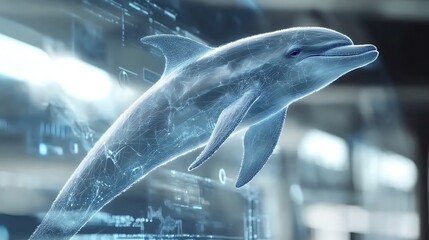 Digital Wireframe of a Dolphin Leaping in a Futuristic Setting