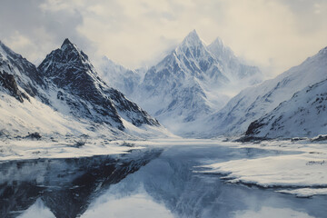 Fototapeta premium Serene Snowy Peaks Under a Pristine White Sky: A Landscape of Tranquility and Purity