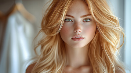 Naklejka premium Natural Beauty of a Freckled Redhead with Wavy Hair