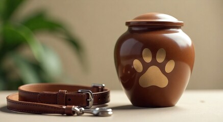 Brown pet urn with golden paw prints and a brown leash on a table. Concept for pet memorial, loss, and remembrance in pet cremation