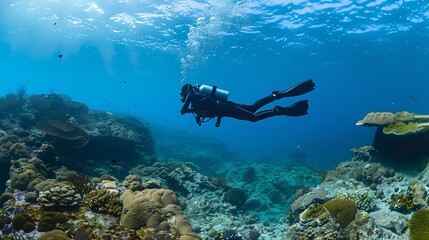 Obraz premium Gozo Malta young man scuba diver silhouette in technical diver horizontal position swims through vibrant marine life and coral formations with underwater sunbeams casting light on the deep blue waters
