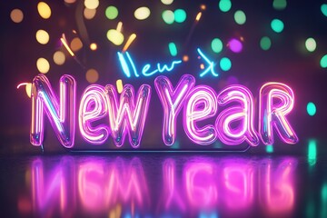 Neon lights spelling New Year with colorful bokeh