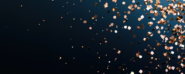 Fototapeta premium Golden confetti on dark background, holiday celebration