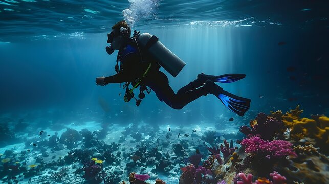 The blue depths of Mexicos cenotes a young man scuba diver silhouette in technical diver horizontal position explores vibrant marine life with colorful coral formations and sun rays piercing the water