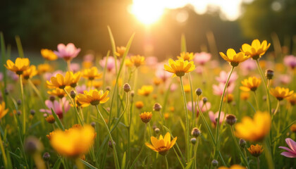 Obraz premium Golden sunset light illuminates vibrant yellow and pink wildflowers.