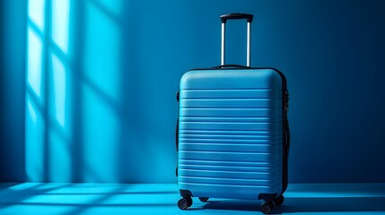 Obraz premium A blue suitcase is placed on a blue floor right in front of a window