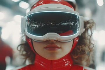 A woman dons a red and white high-tech visor in a lively environment, reflecting a blend of technology and fashion with a futuristic urban backdrop.