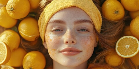 Embracing sunshine and citrus vibes with radiant beauty amidst fresh lemons on a cheerful day