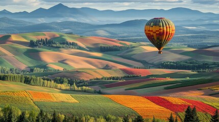 Naklejka premium Colorful Balloon Over Scenic Rolling Hills