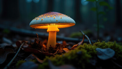 Glowing mushroom in dark forest  magical and enchanting scene.