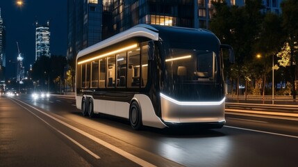 Fototapeta premium Night City Autonomous Bus Futuristic Design, Urban Setting