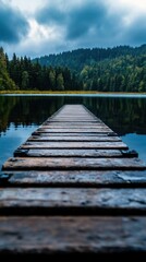 Naklejka premium A wooden bridge spans a body of water, with trees in the background