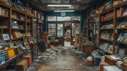 Obraz premium Damaged antique shop interior with debris and old books, photos, and frames.