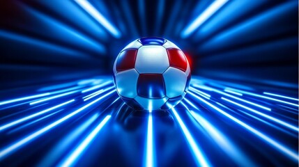 Futuristic Soccer Neon Blue Lines and Red-White Ball