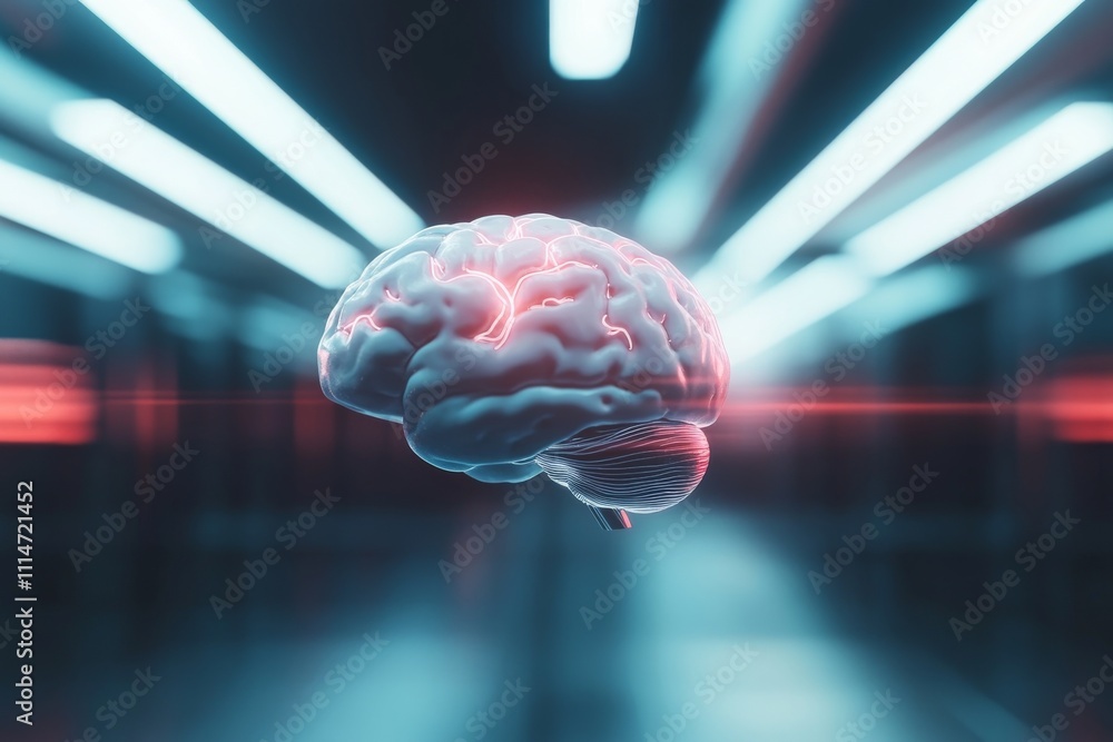 Poster an intriguing image of a glowing brain suspended in a futuristic space, surrounded by abstract neon 